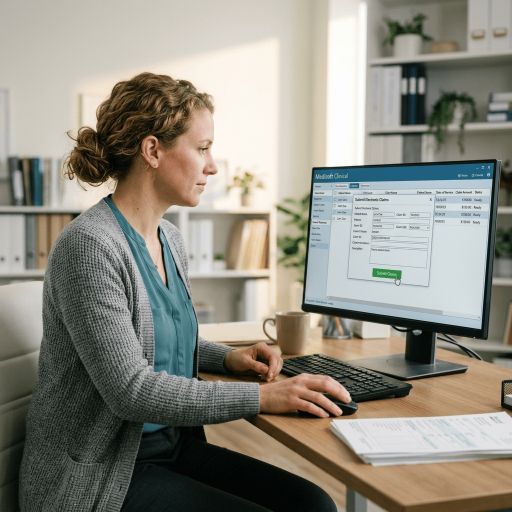 Healthcare professional reviewing electronic claims on a computer
